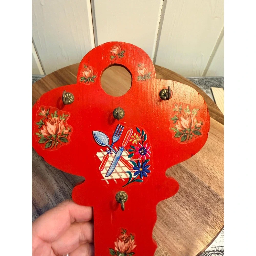 Vintage Red Wooden Key Rack Mid Century Kitchen Decor Kitsch Cottagecore